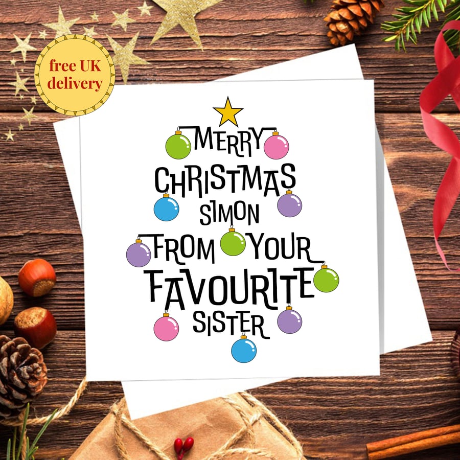 Brother, Sister Christmas Card - from Sister, personalised, blank inside