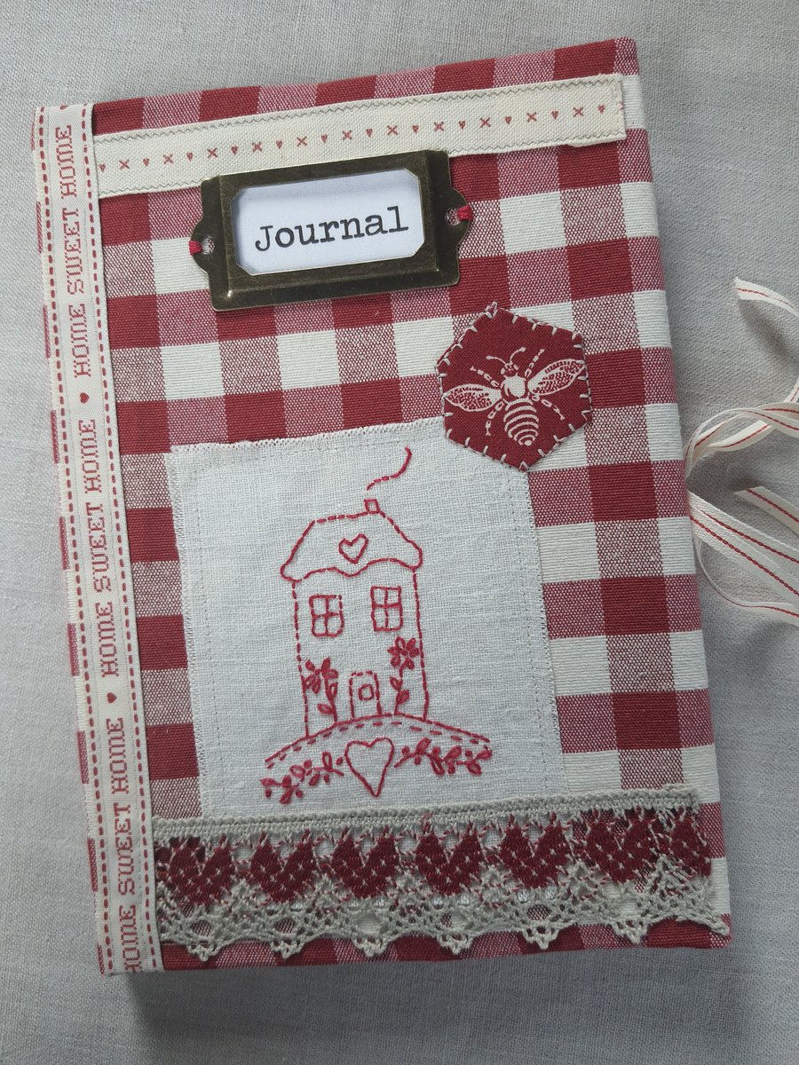 Hand Embroidered and Appliqued Gingham covered journal