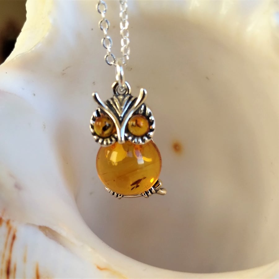 Sterling Silver Amber Owl Pendant and Chain 18 ... - Folksy