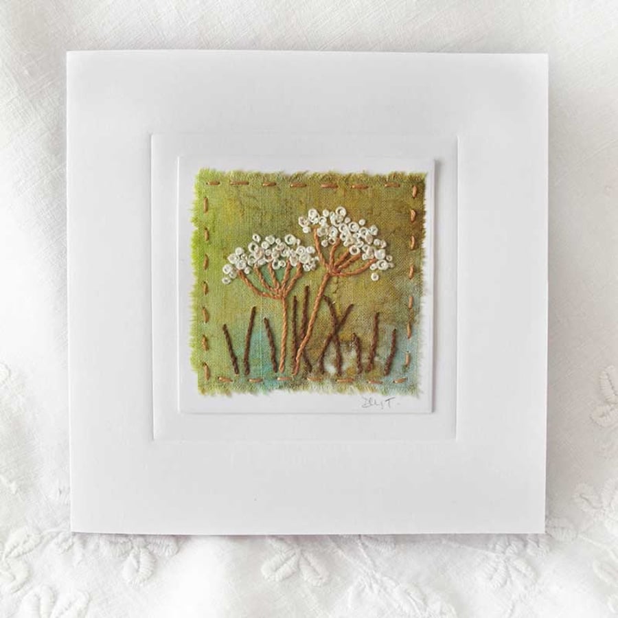 HAND EMBROIDERED GREETINGS CARD UMBELLIFERS COW PARSLEY