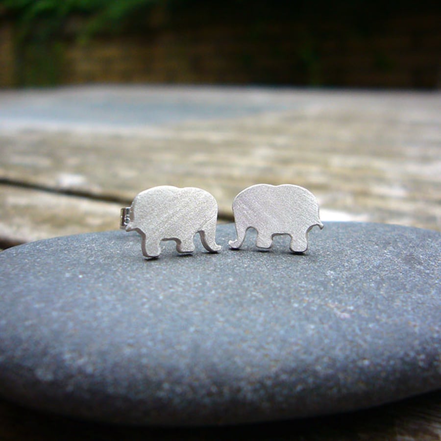 Recycled sterling silver elephant stud earrings – cute handmade animal jewellery