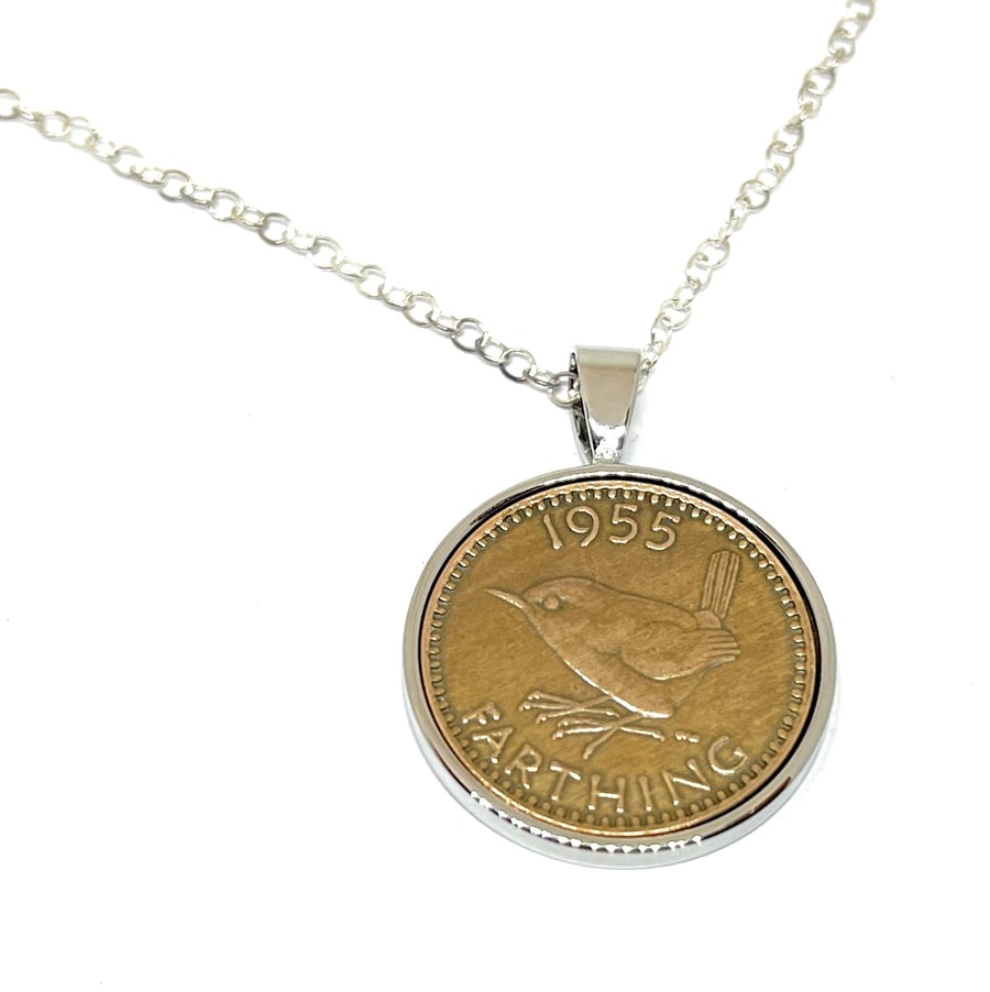 1955 69th Birthday Anniversary Farthing coin in a Silver Plated Pendant mount pl
