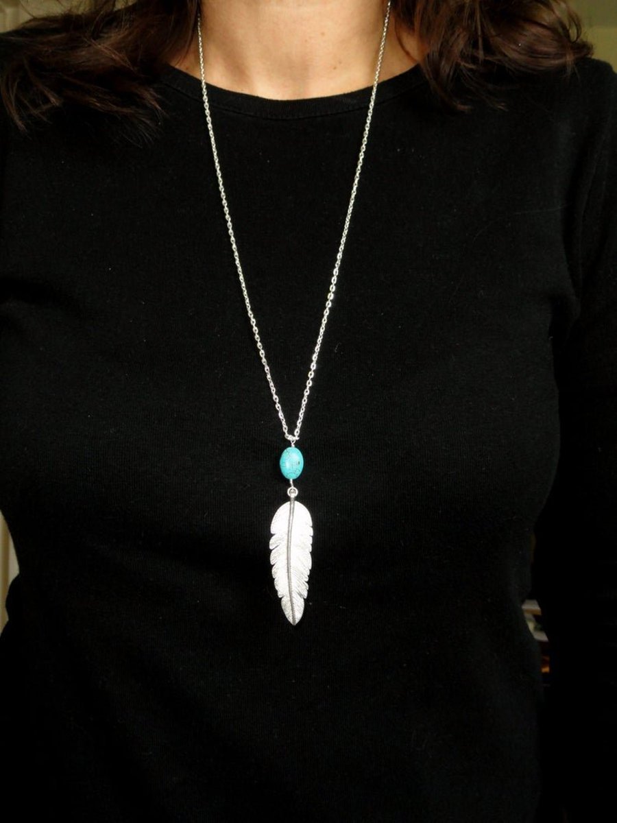 Silver Feather and turquoise necklace