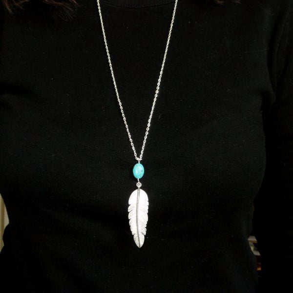Silver Feather and turquoise necklace