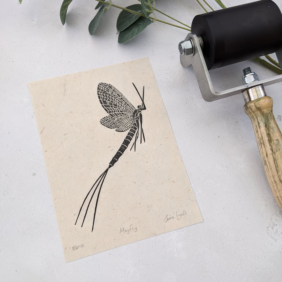 Mayfly Linocut Print, Insect Art