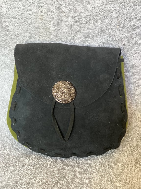 Pouch:  Black and Green Coloured Suede Leather with Dragon Closure