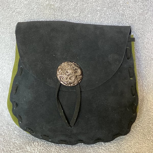 Pouch:  Black and Green Coloured Suede Leather with Dragon Closure