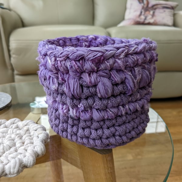 Crochet container, plant pot cover, home decor, storage, sari silk, recycled