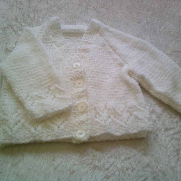 18 inch White V Neck Cardigan with Lacy Border