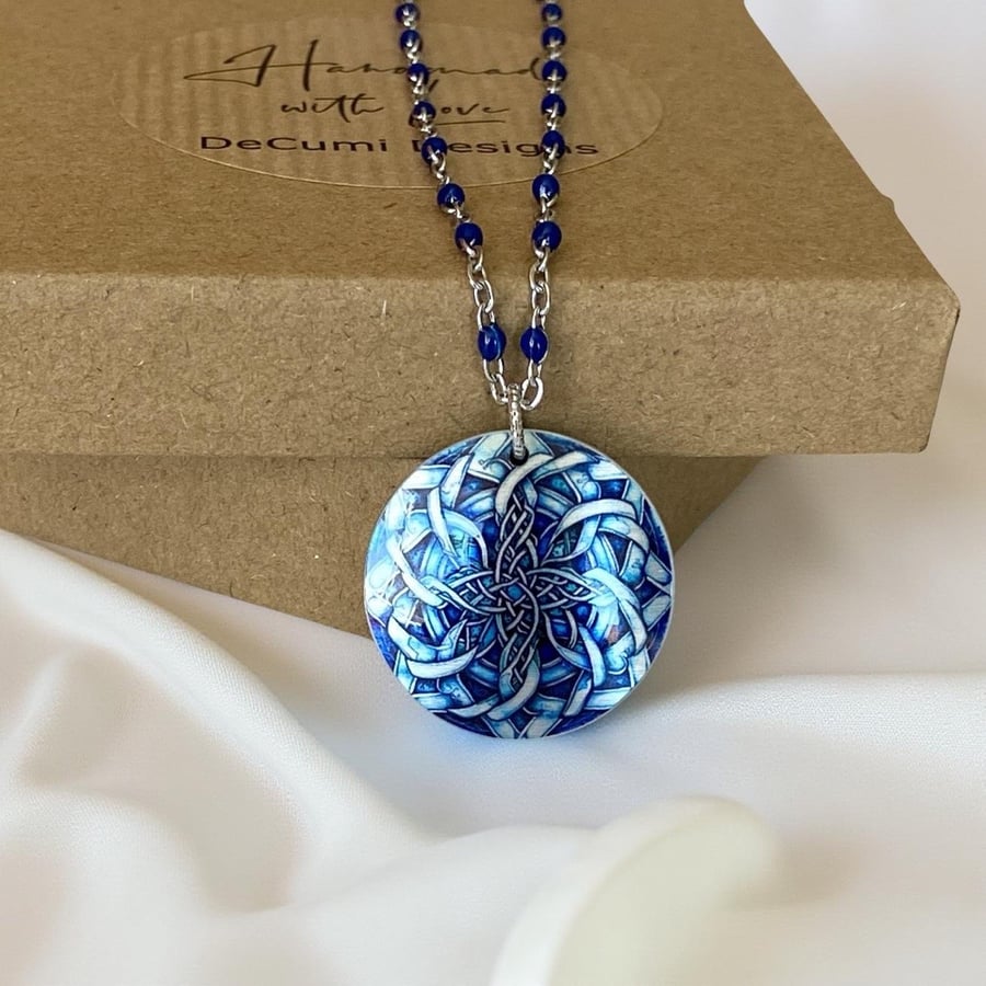 Celtic necklace, marine blue 25mm round pendant, handmade jewellery (CP01)