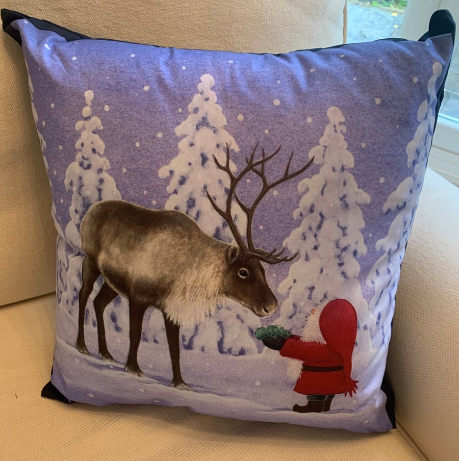 Christmas Cushion Gorgeous Father Christmas and Reindeer print 100% cotton