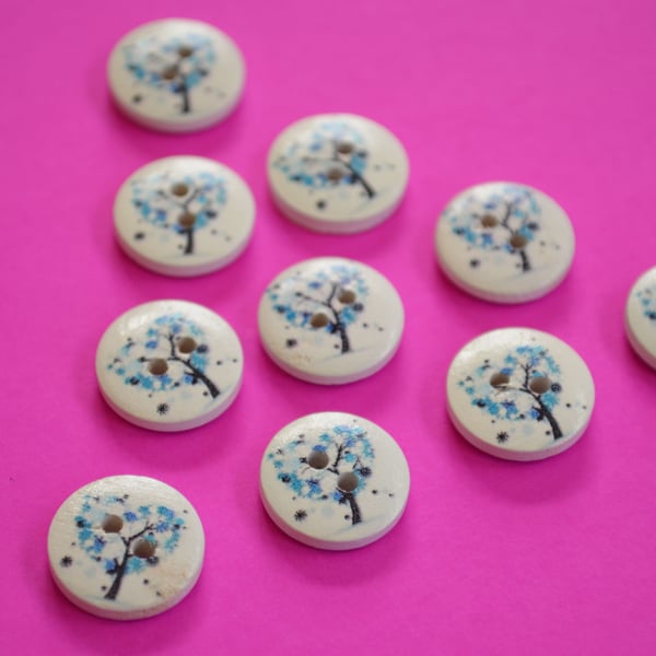15mm Wooden Heart Tree Buttons Blue White 10pk Leaves (ST2)