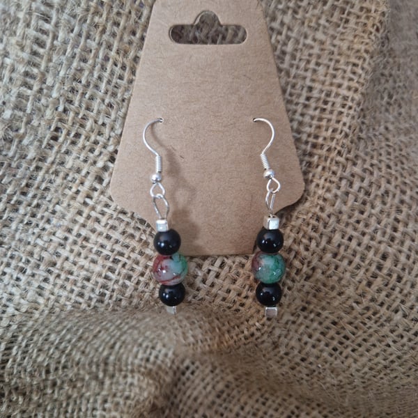 Beaded Drop Earrings in Black,Green and Red
