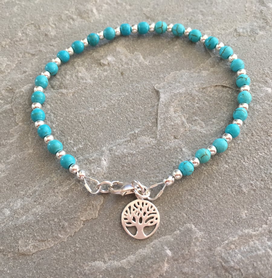 Turquoise Tree of Life Bracelet, Sterling Silver Charm Bracelet