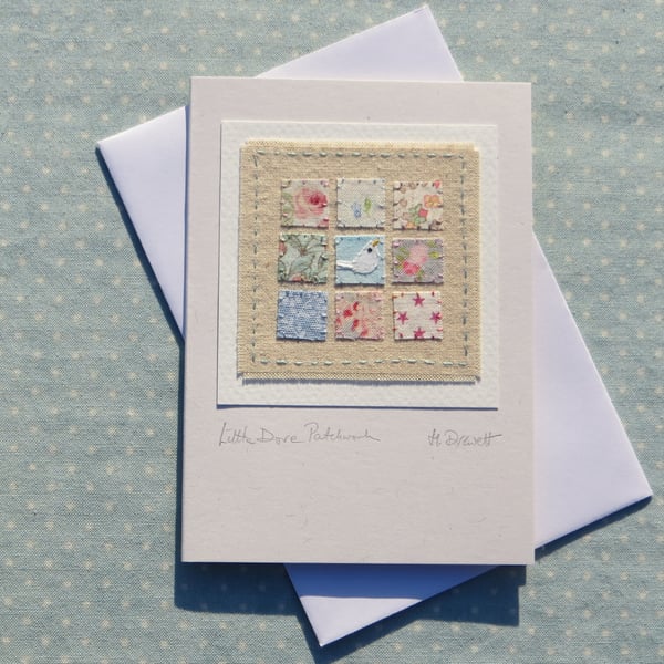 Hand-stitched mini 'patchwork' with dove on card - any occasion a card to keep!