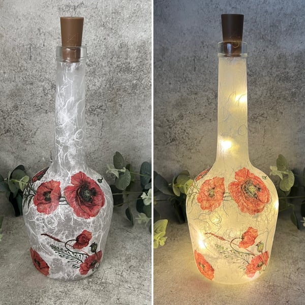 Decoupage Poppy Glass Bottle Light: Upcycled Brandy Bottle, Home Decor, Rustic