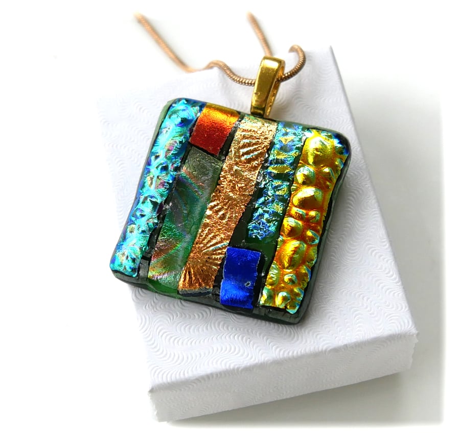Patchwork Dichroic Fused Glass Pendant P016 gold plated chain