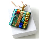 Patchwork Dichroic Fused Glass Pendant P016 gold plated chain