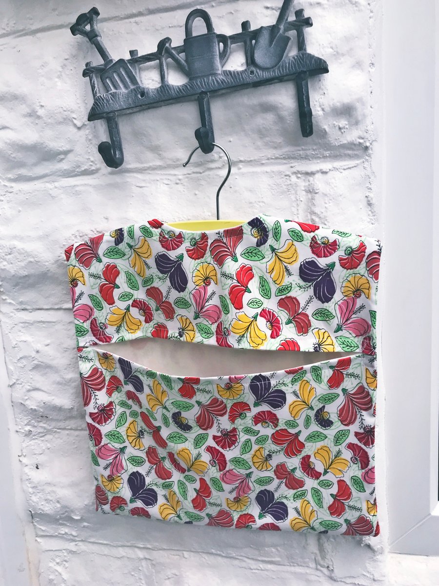 Lined White Floral Peg Bag with wood hanger