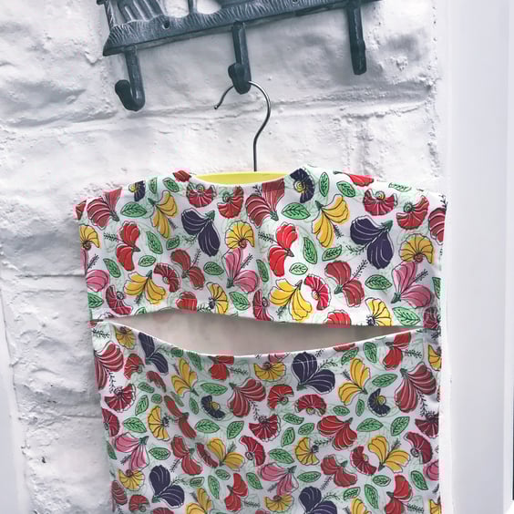 Lined White Floral Peg Bag with wood hanger