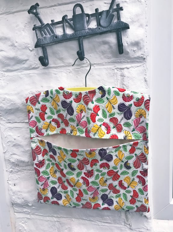 Lined White Floral Peg Bag with wood hanger