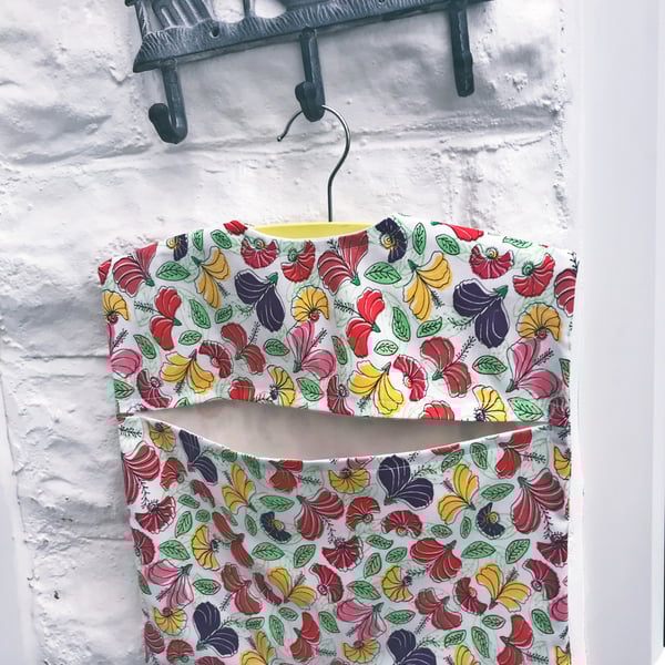 Lined White Floral Peg Bag with wood hanger