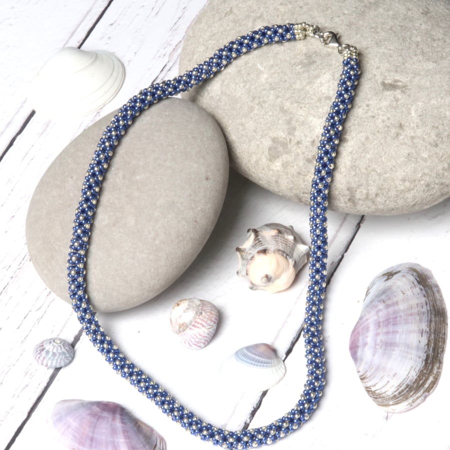 Cobalt Blue and Silver Beaded Necklace