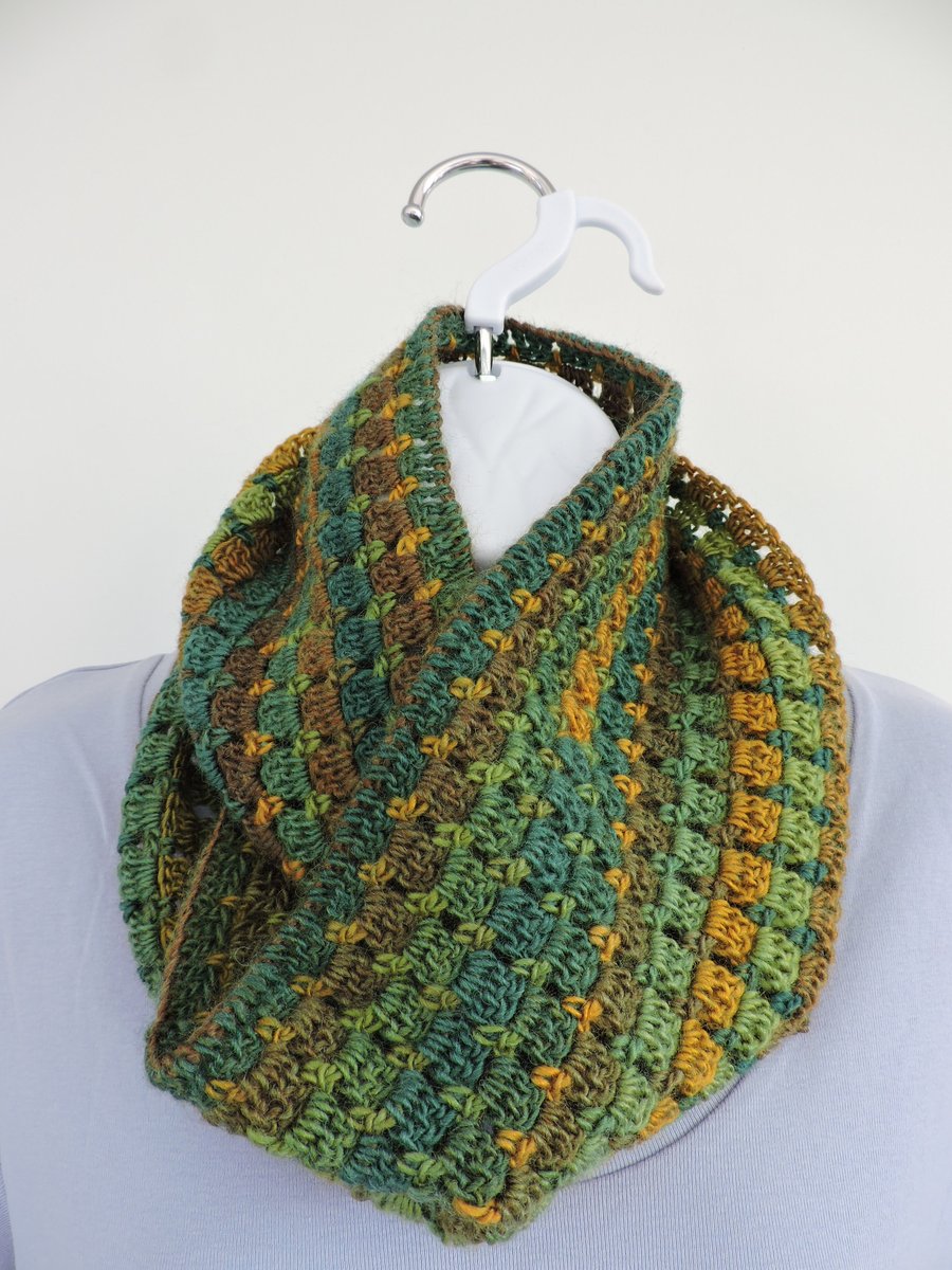Crochet Infinity Scarf  Green Gold Mustard and Khaki