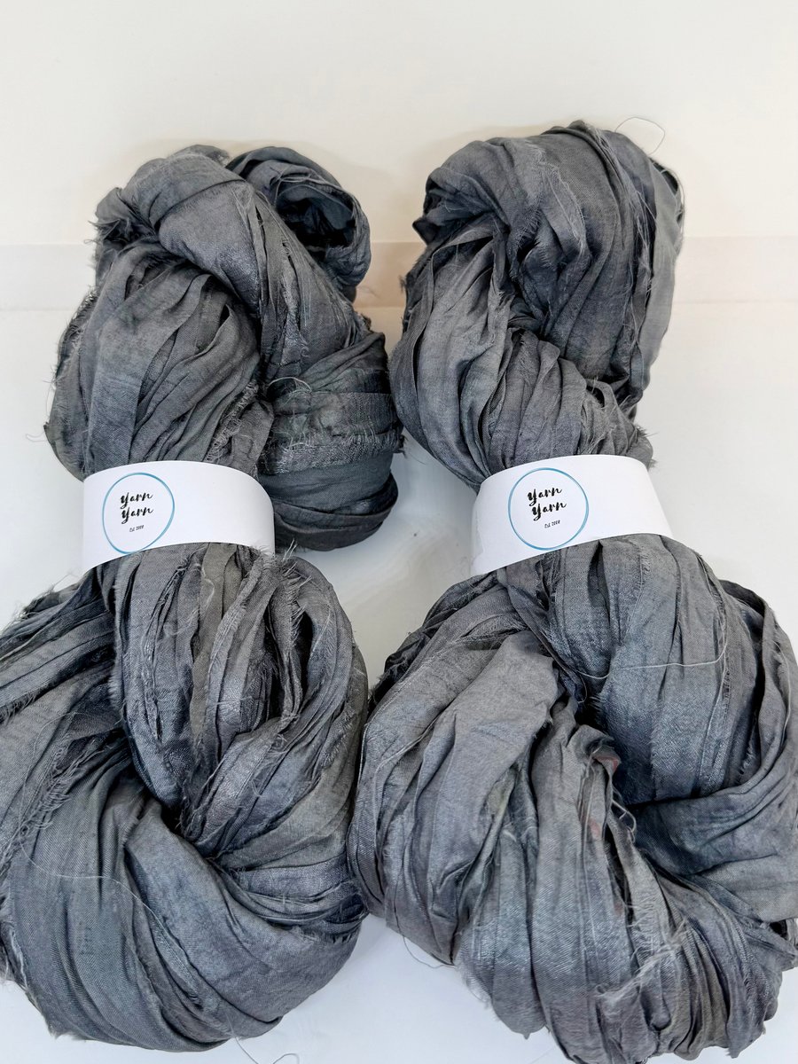 Sari silk ribbon, grey, weaving, crochet, fibre arts, 5m