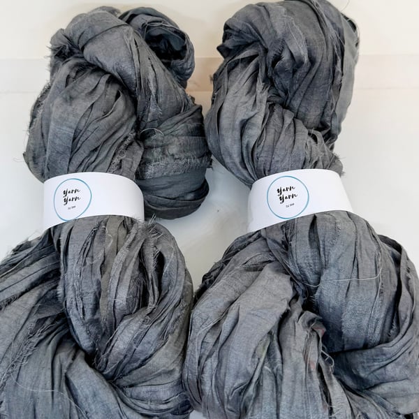 Sari silk ribbon in slate grey, weaving, crochet, fibre arts, 100g