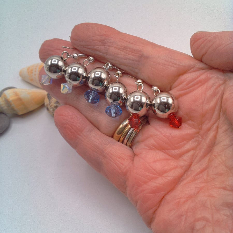 Earrings With a Silver Bead and a Crystal Bead, Silver Earrings, Gift for Her