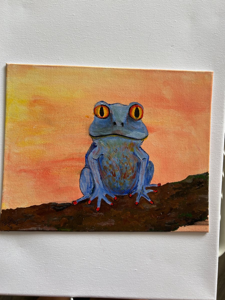 Original blue frog acrylic painting 10x8" 
