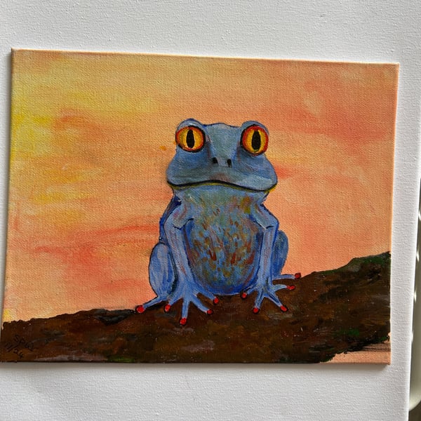 Original blue frog acrylic painting 10x8" 