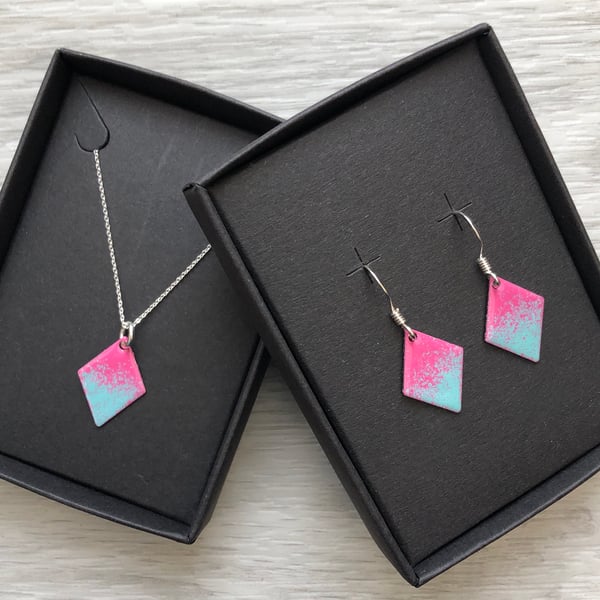 Diamond enamelled necklace & earring sets. Pink & turquoise. Sterling Silver 