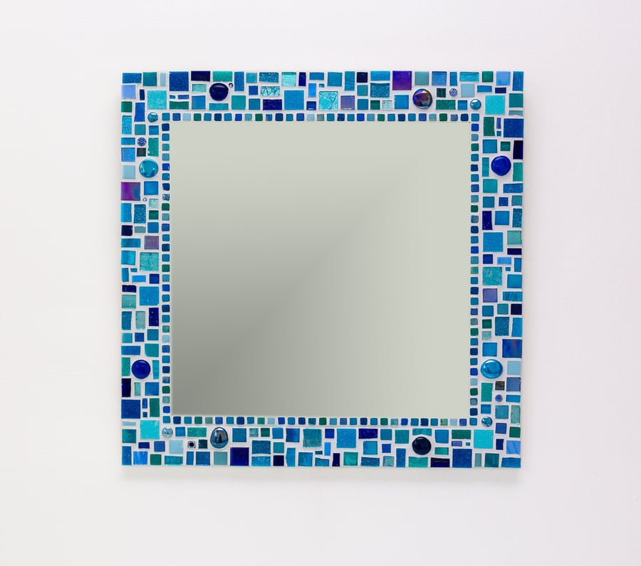 Square Mosaic Bathroom Mirror in shades of Blue & Turquoise 40cm