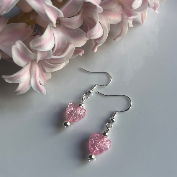 Pastel pink crackle heart earrings on sterling silver hooks