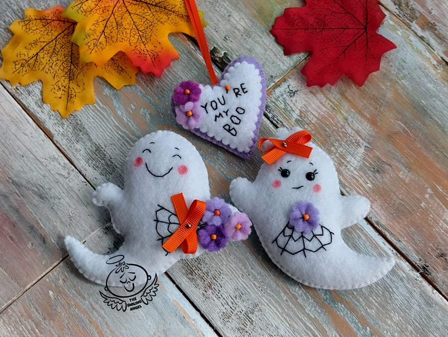 Set felt ghosts boy, girl and heart, You're my boo, Halloween, Handmade ghost