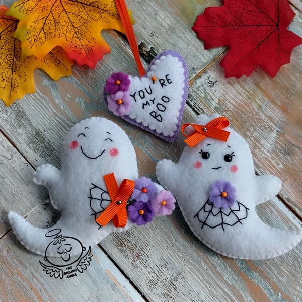 Set felt ghosts boy, girl and heart, You're my boo, Halloween, Handmade ghost