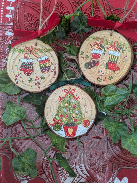 Set of 3 Hand-painted Christmas log slice decorations 
