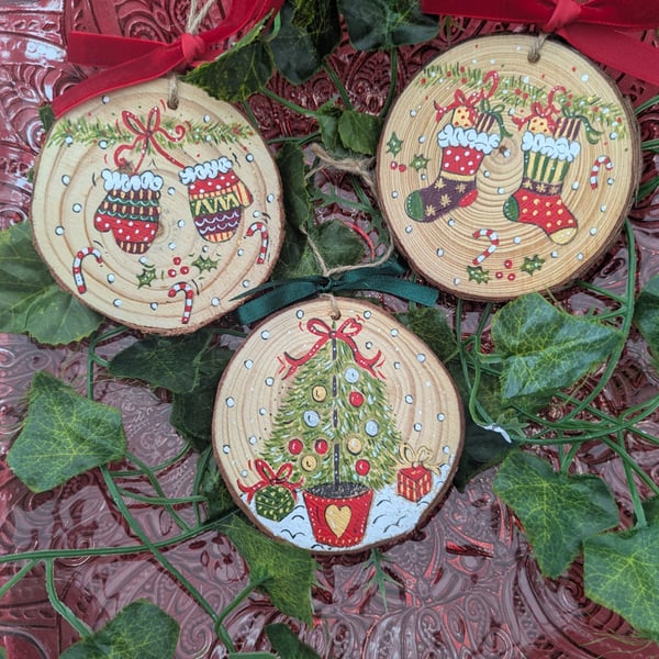 Set of 3 Hand-painted Christmas log slice decorations 