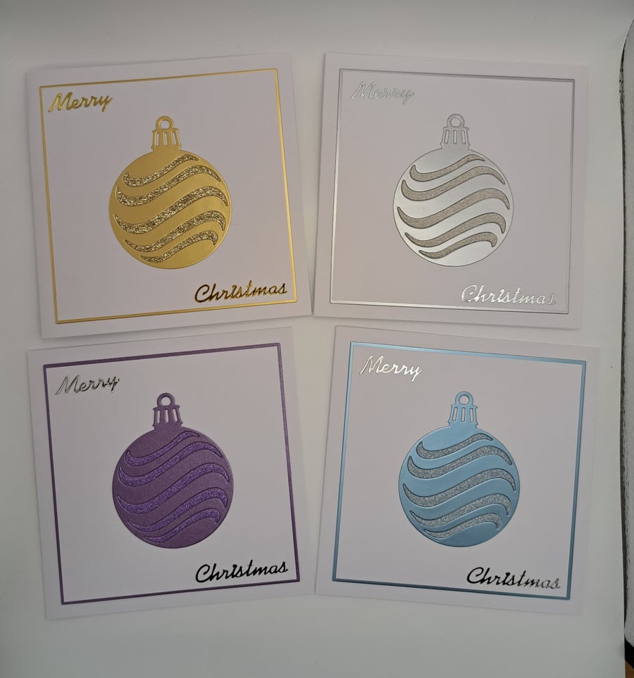 Set of 4 Christmas Bauble Cards – Gold, Silver, Purple, Blue - 5x5 Inch Square