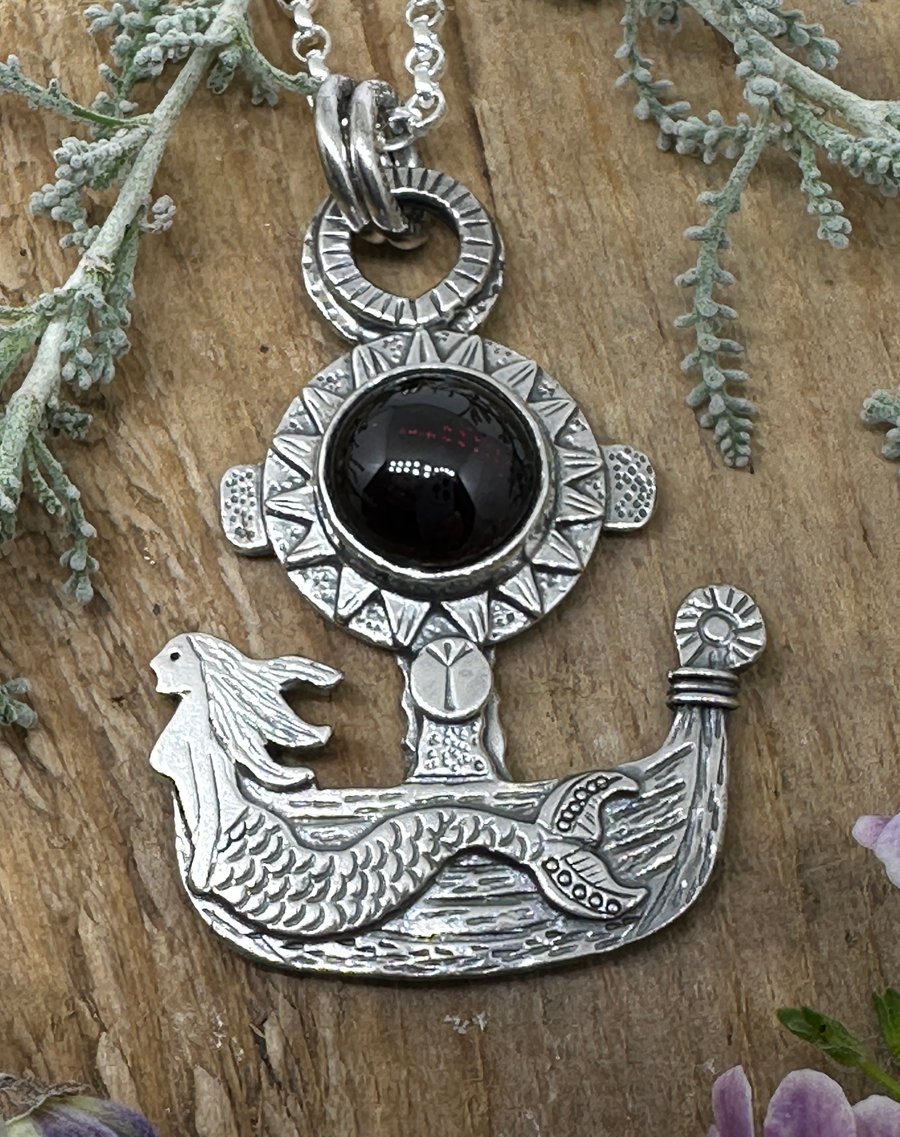 Fair Winds Mermaid Viking Ship Pendant with Garnet