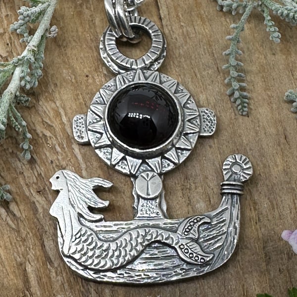 Fair Winds Mermaid Viking Ship Pendant with Garnet