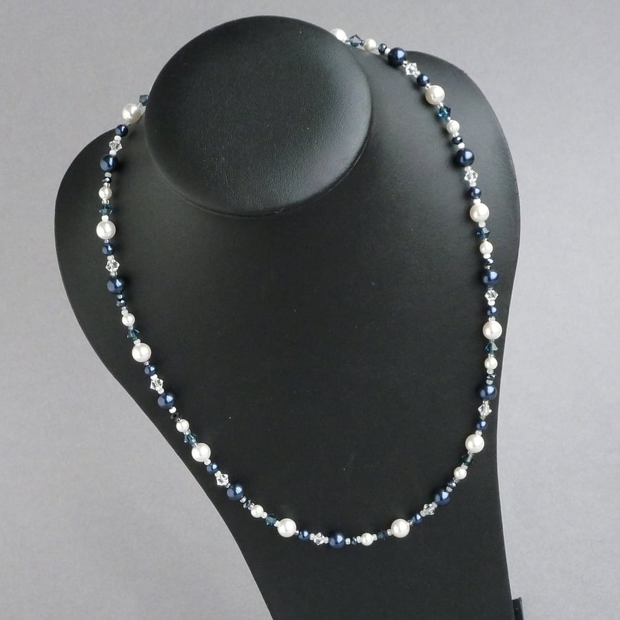 Navy and White Pearl Necklace - Dark Blue Pearl and Crystal Wedding Jewellery