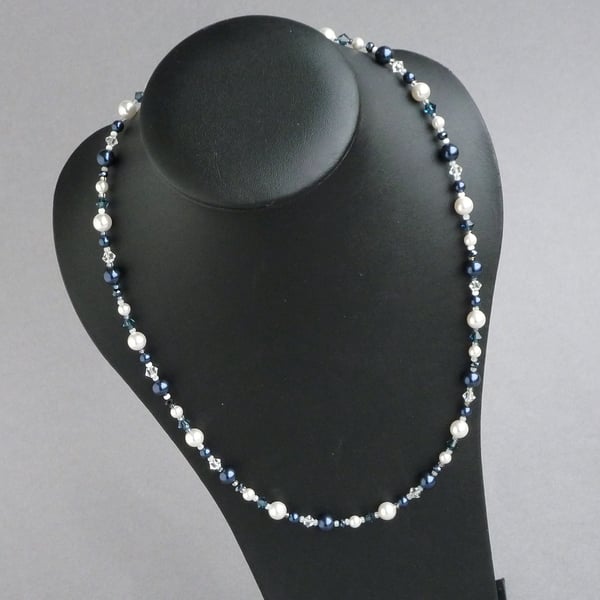 Navy and White Pearl Necklace - Dark Blue Pearl and Crystal Wedding Jewellery