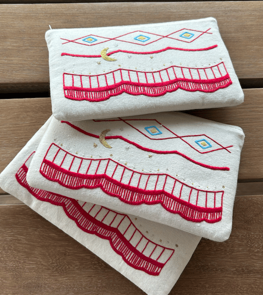 Hand embroidered purse created by Aprohade embroiderers in Rwanda