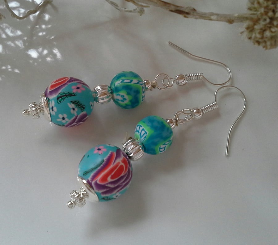 Pretty,  Feminine,  Floral Polymer Clay Silver Plated Earrings (Help a charity)