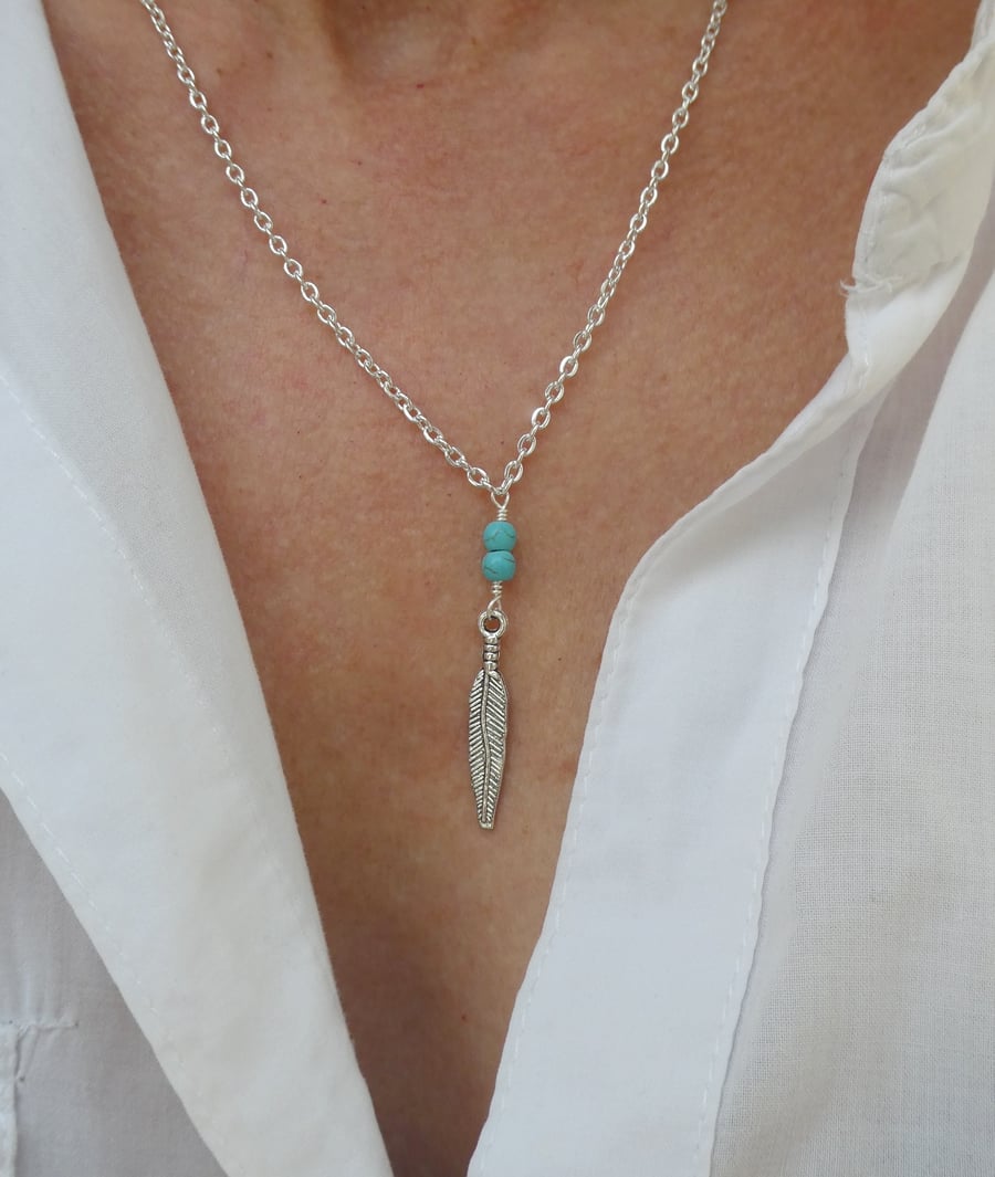 Silver feather & turquoise necklace