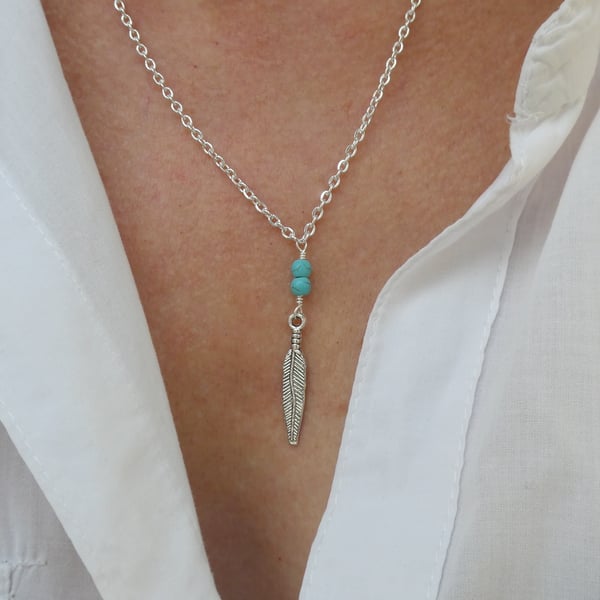Silver feather & turquoise necklace