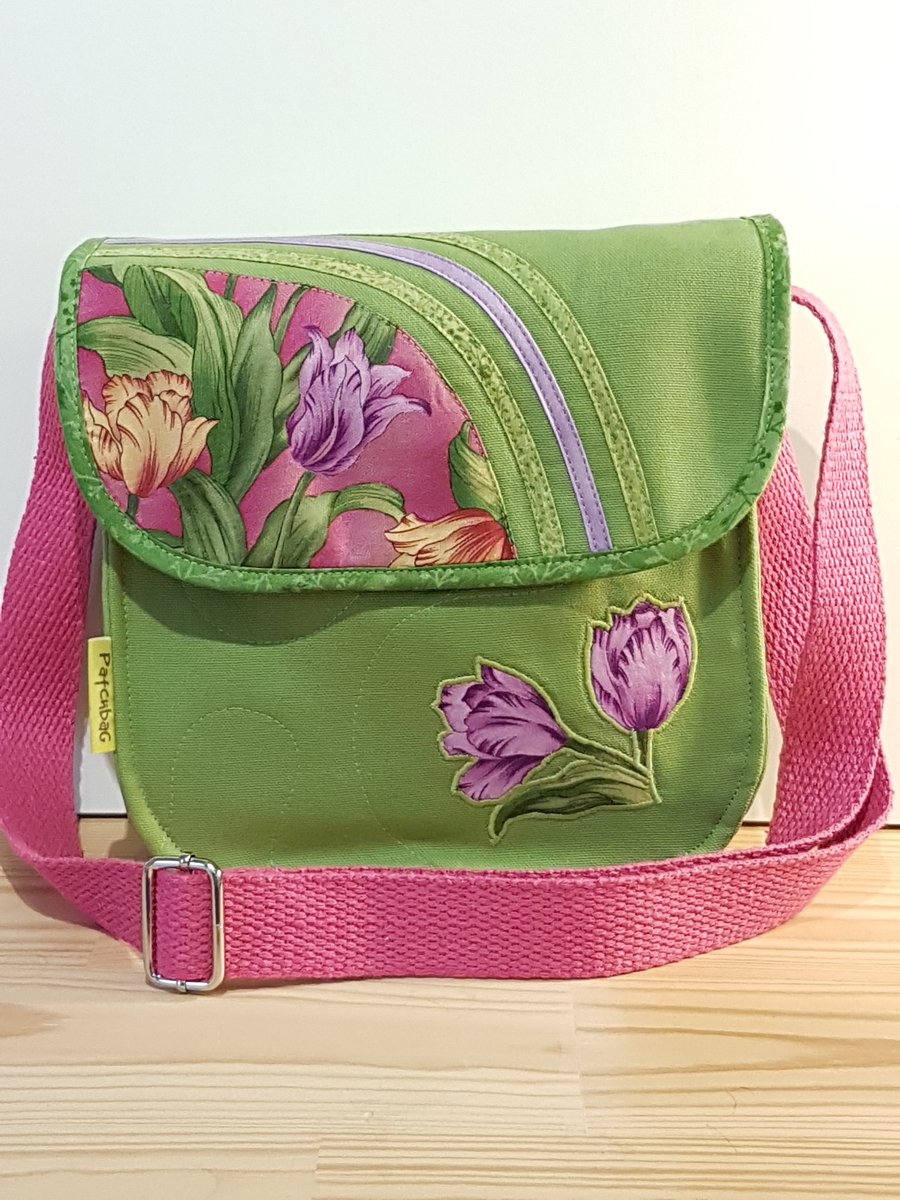 Shoulder Bag,Tulips on lime green